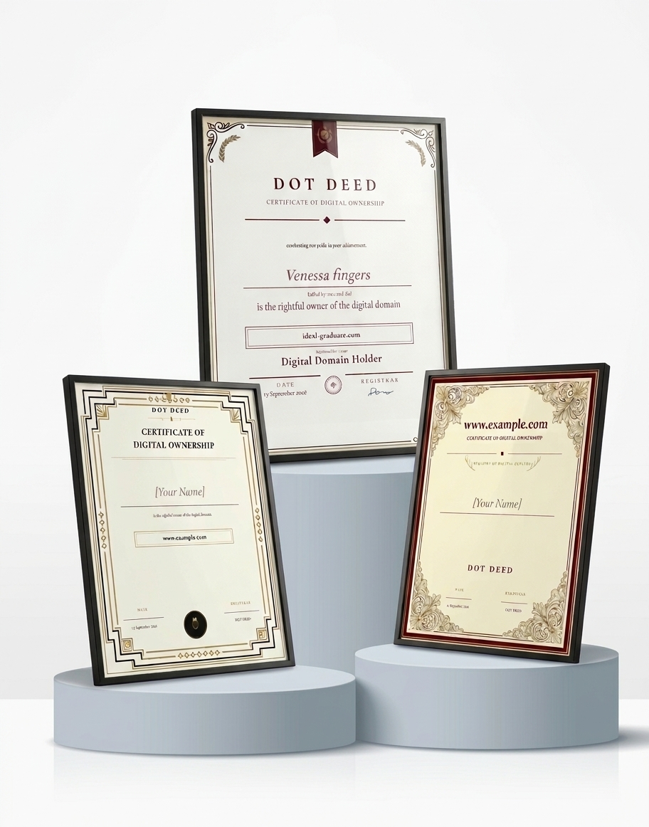 Three framed DOT DEED certificates displayed on pedestals