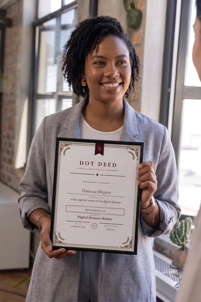 Framed DOT DEED certificate being held up